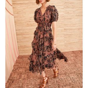 ULLA JOHNSON Cara Dress Size 0 XS Coral Dot Brown Black Gold Ruffles Silk